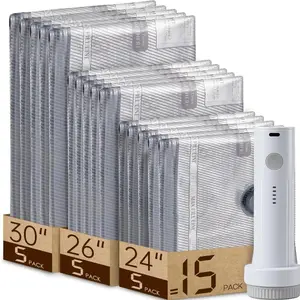 Vacuum Seal Compression Bags, 15-Pack Set with Cordless USB Pump, Waterproof Polyester Space Savers for Travel and Clothes Storage