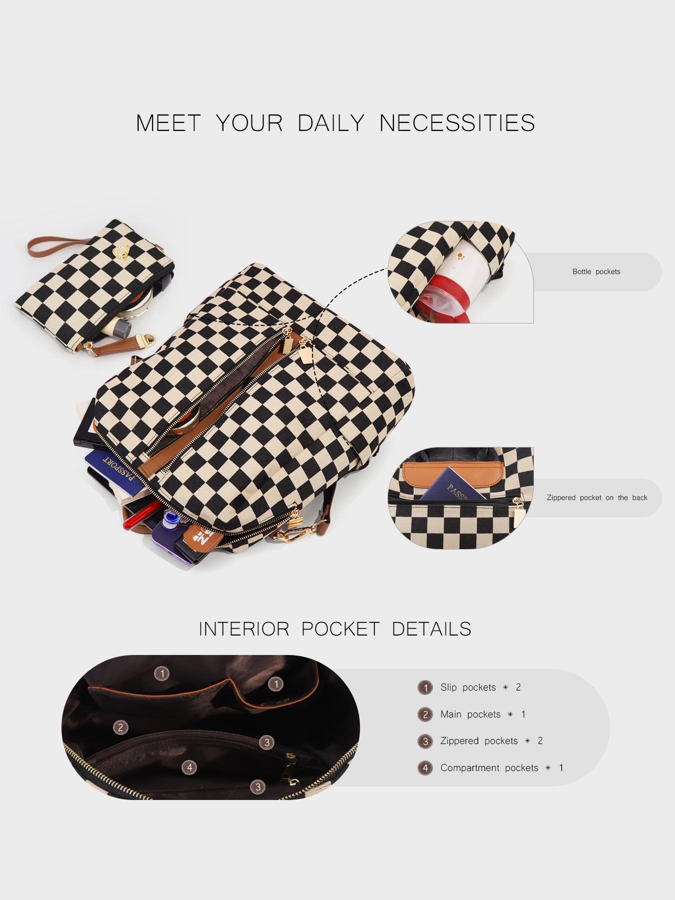 Checkerboard Pattern Checkered Print Backpack Set, Women'S Fashionable Vintage Trendy Casual Durable Lightweight Large Capacity Zipper Travel Backpack & Wristlet, Multifunctional Bag Set For Daily Use