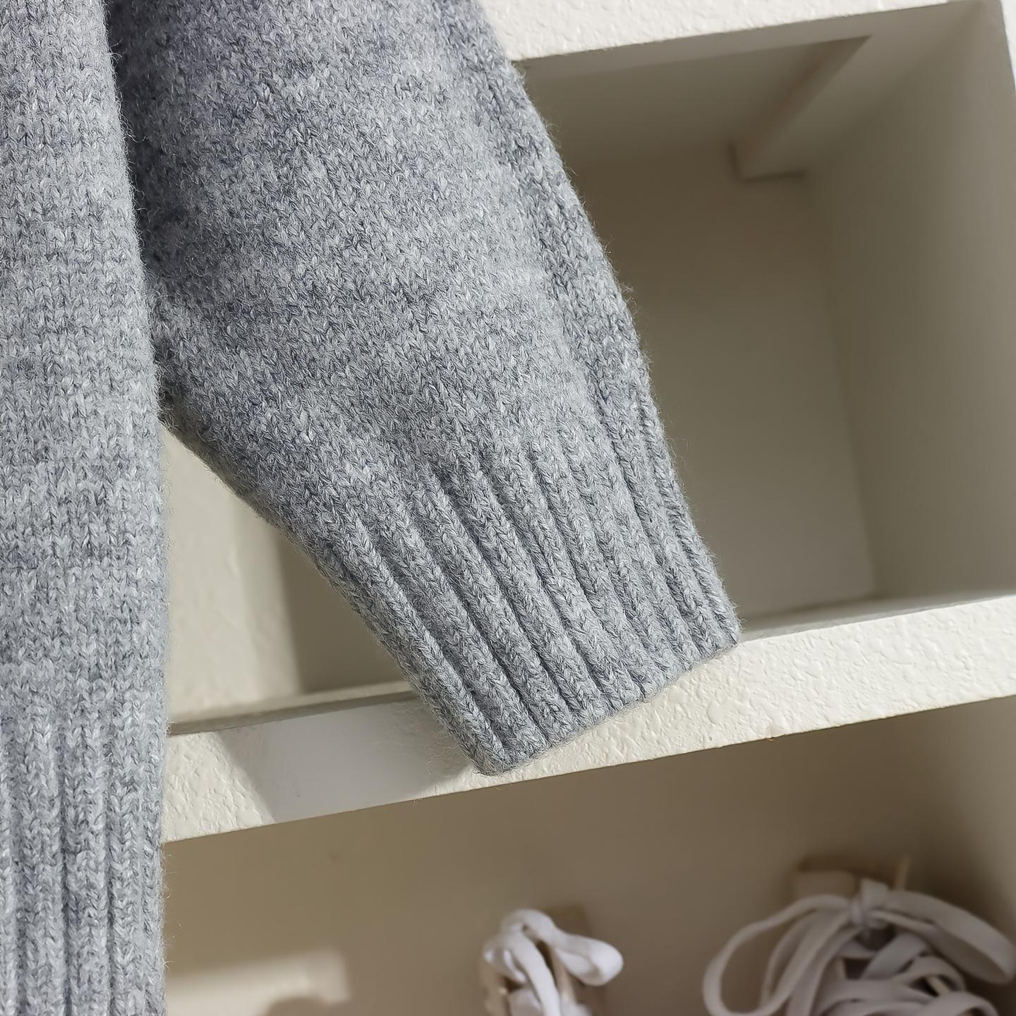 Girls' Cozy Knit Sweater - Long Sleeve Crew Neck, Geometric Pattern, Button Detail, Casual Pullover for Fall/Winter, Light Gray, Perfect for Casual Attire, Sweater Dress for Girls(Gift)11