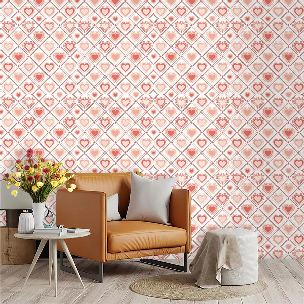 Pink Heart Geometric Peel And Stick Wallpaper,PVC Self Adhesive Wall Decor