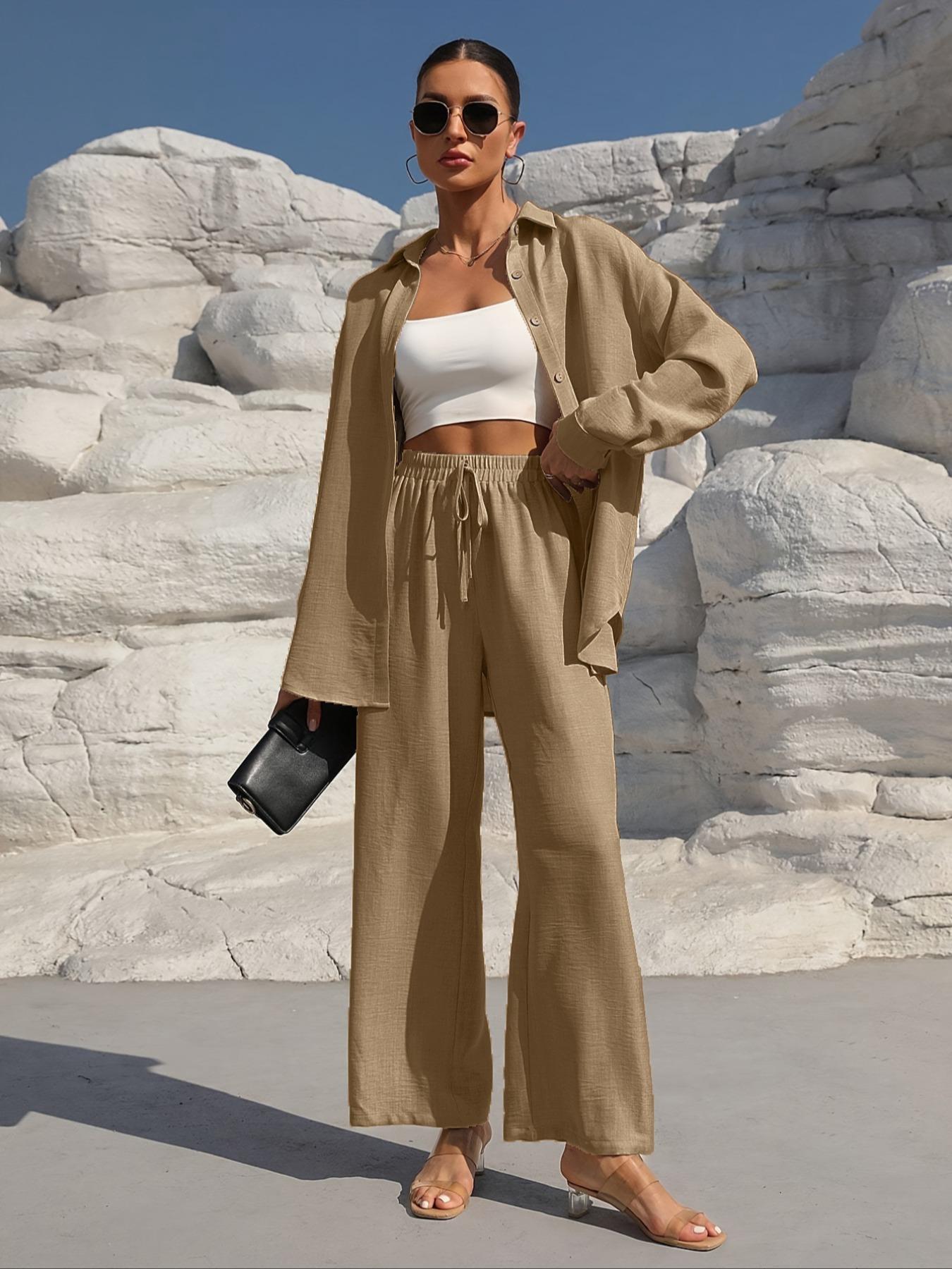 Women's Solid Button Front Shirt & Tie Front Wide Leg Pants Two-piece Set, Casual Drop Shoulder Long Sleeve Top & High Waist Trousers 2 Piece Set for Spring & Fall, Women's Clothes for Daily Wear, Linen Set, Womenswear