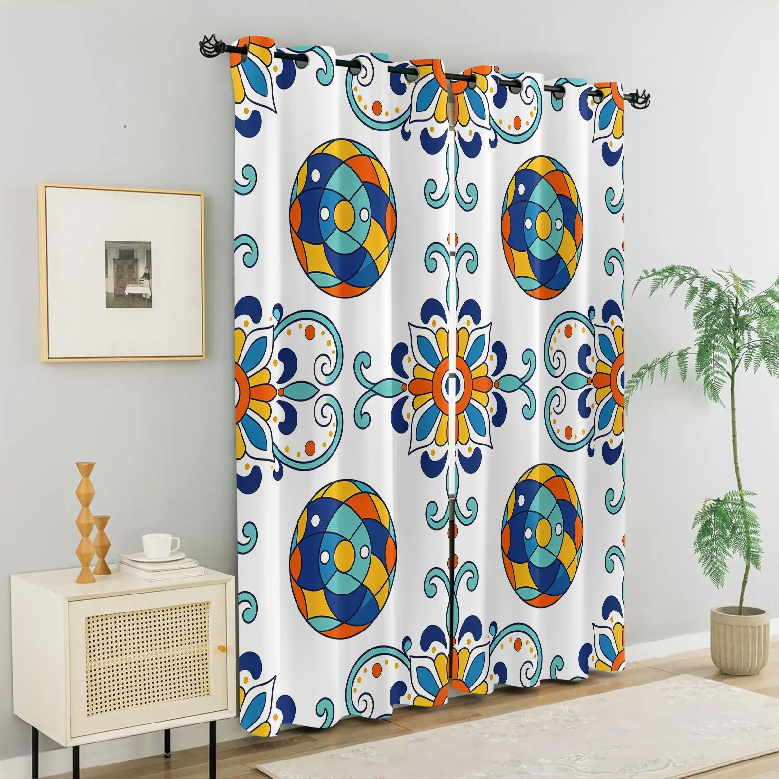 2Pcs Mexican Fiesta Style Curtains, Traditional Folk Totem Print, 85% Blackout, Creates Festive Vibe for Summer Backyard Parties