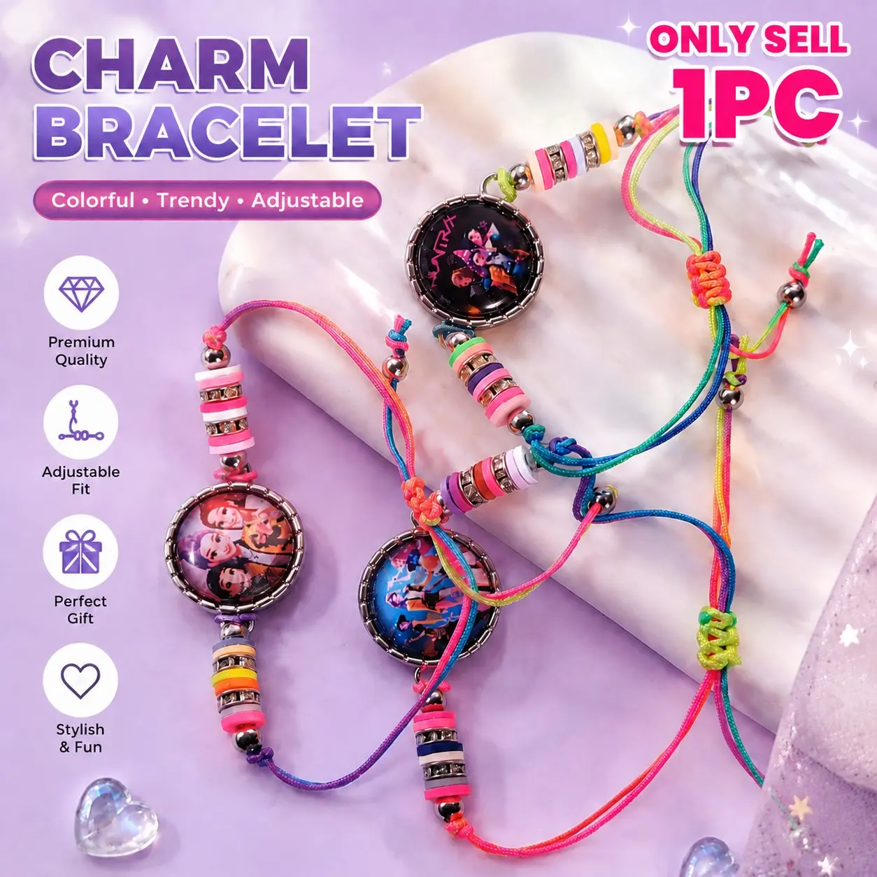 2026 Viral  Idol Beaded Bracelet - Rumi Mira Zoey Anime Glass Cabochon Adjustable Rope Jewelry for Kids, Perfect Birthday & Party Favor Gifts, Cute Jewelry