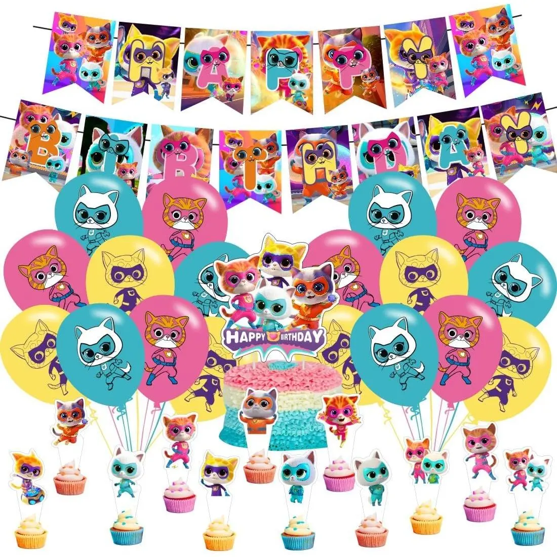 Super Cats Kids Party Decorations Kit - Festive Home Supplies with Happy Birthday Banner, Balloons, Includes Toppers, Multiple Items for Kids Parties