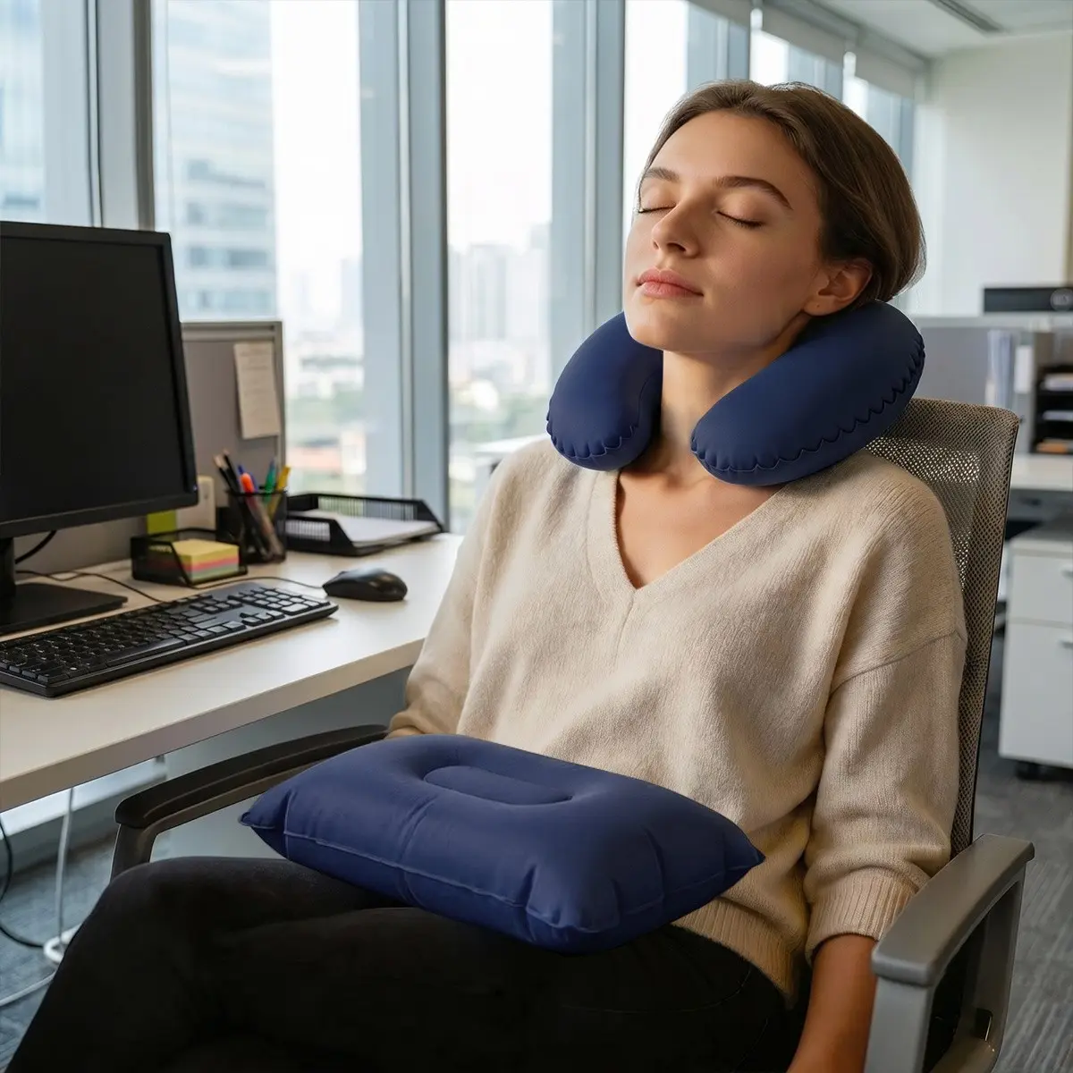 2 Pack Foldable Inflatable Travel Pillow, Portable Neck Lumbar Support Cushion, Ideal for Airplane Car Office Camping, Great Back to School Gift