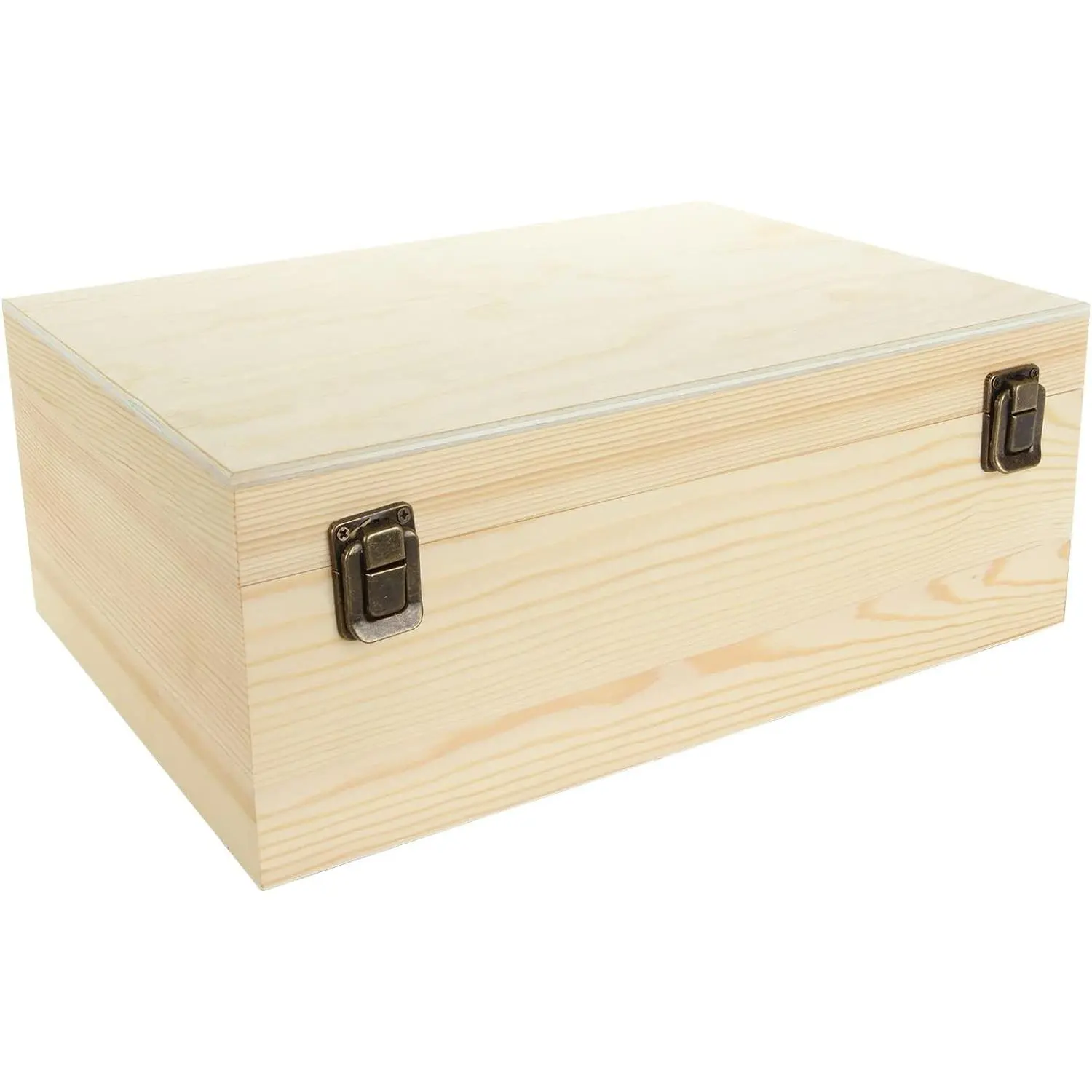 Unfinished Wooden Box, 12x9x5 Inch Large Wooden Box with Hinged Lid and Front Clasp, Pine Wood Box DIY Craft Stash Boxes for Arts Hobbies and Home Storage