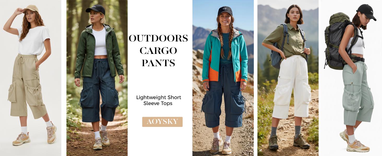 Aoysky Womens Wide Leg Cargo Capris Drawstring Elastic Waist Baggy Cropped Pants with Utility Pockets Casual Trousers