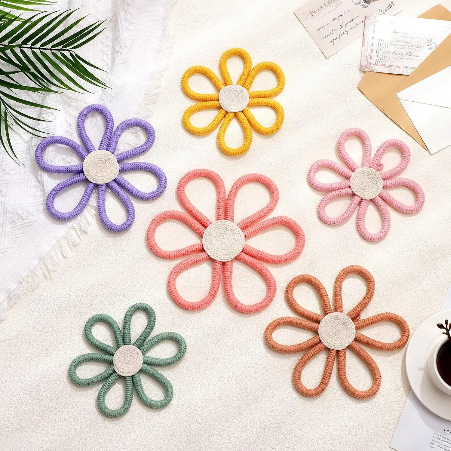 6 Pcs Boho Nursery Decor Daisy Flower Woven Macrame Wall Hanging 3 Size Daisy Flower Wall Decor Bohemian Nursery Decorations for Home Dorm Art(Multicolor)