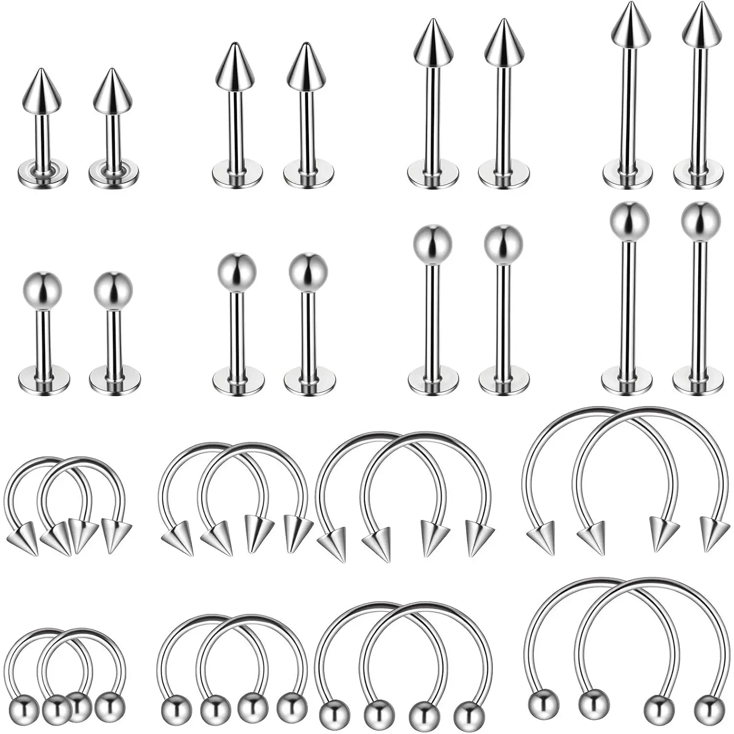 32 count Horseshoe Septum Nose Lip Rings Labret  Barbell Ring Snake Bite Spike  Stud Stainless Steel Vertical Helix Earring Daith Tragus Cartilage Studs for Women Men, 16G