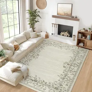 Garvee Washable Rug 9 x 12 Rugs for Living Room Farmhouse Rug for Bedroom large Area Rug Floral Non Slip Throw Rugs for Dining Room Stain Resistant Carpet for Office Classroom, Cream