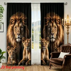 Wildlife Lion Family 2D Printed Semi-sheer Polyester Curtains, Light Luxury Home Décor for Living Room and Bedroom