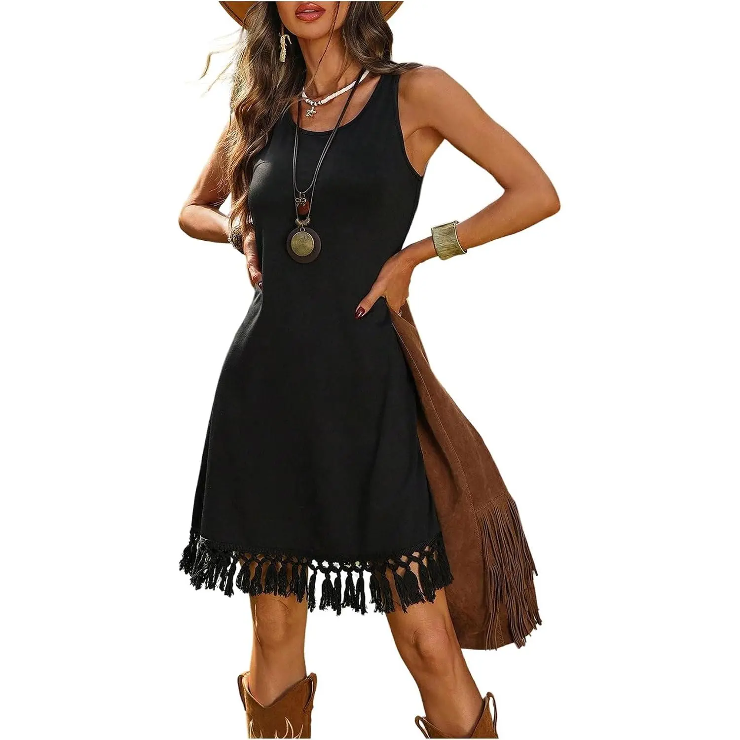 Verdusa Women's Western Fringe Dress Cowgirl Sleeveless Summer Rodeo Dress