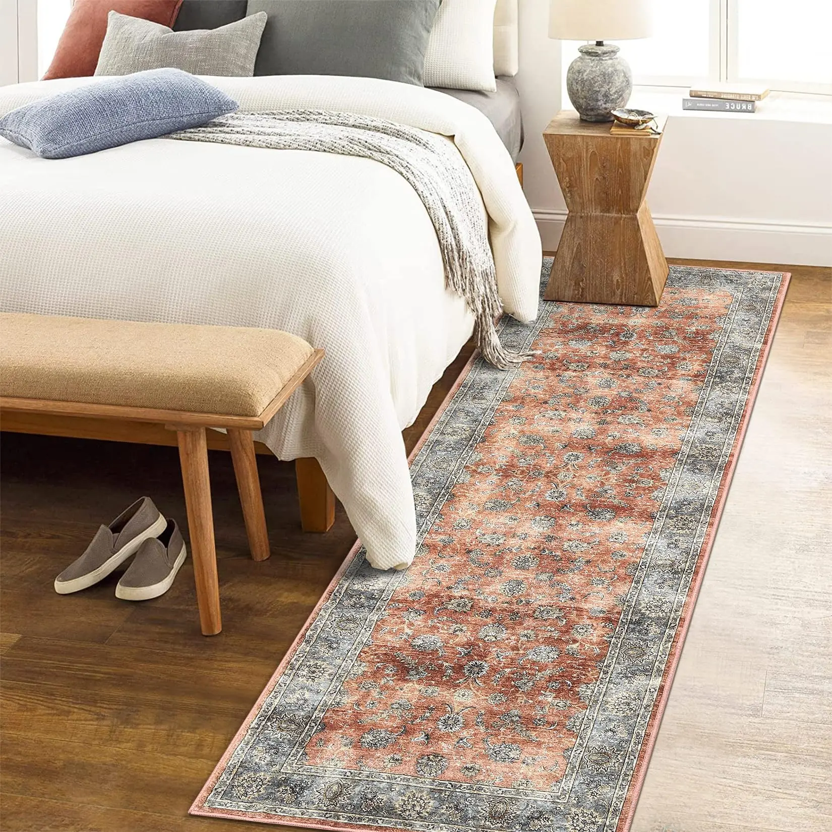 GARVEELarge Area Rug 10x13 - Washable, Vintage Floral Design, Non-Slip, Low Pile, Distressed Look, Stain Resistant, Indoor Floor Cover for Living Room, Bedroom, Office - Brick Red
