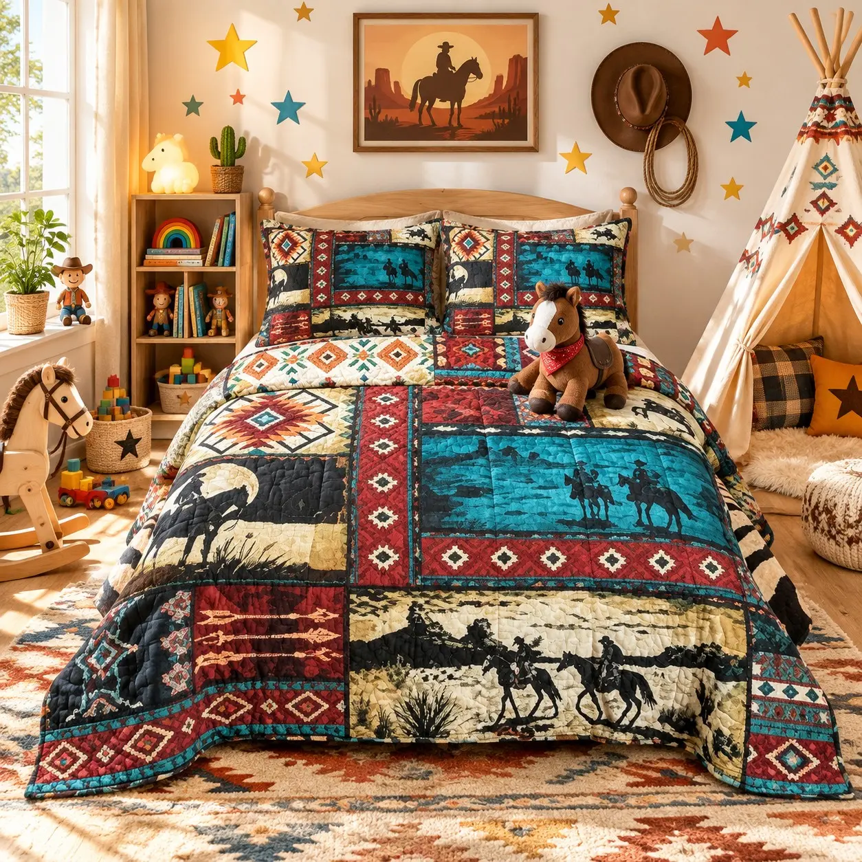 Western Cowboy Quilted Quilt 3-Piece Set Quilted Bedspread Set Including 1 Quilted Quilt and 2 Pillowcases (excluding pillow core) Ethnic Geometric Pattern Riding Desert Print American Retro Rural Bedroom Bedding Set