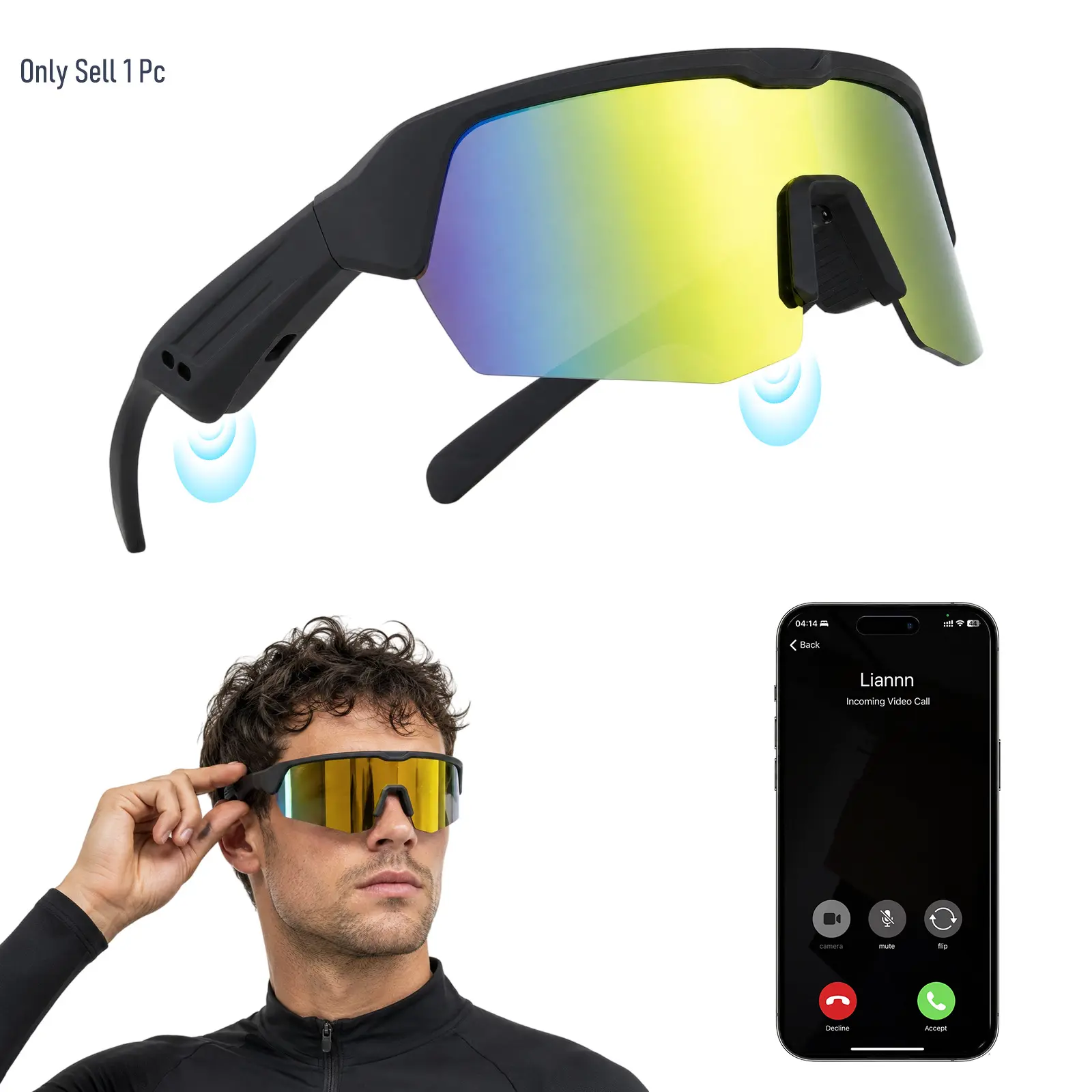 Bluetooth Smart Sports Sunglasses with 130mAh Battery, Open-Ear Speakers, Type-C Charging and UV Protection for Riding, Hiking, Fishing and Travel