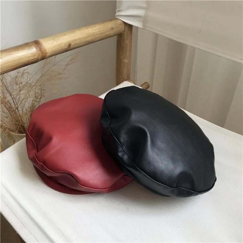 Fashion Autumn Winter Beret Beanie Hat Women Plain Beret Hats Solid Color Elegant Men Women Artist Caps PU Leather Painters Caps