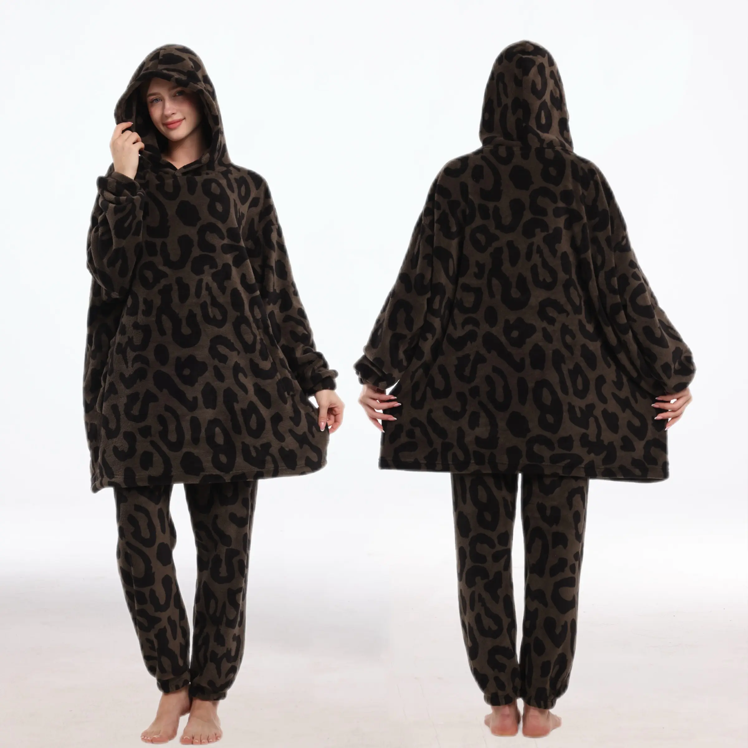 Coffee Leopard Print Wearable Blanket Set, Unisex, Hooded with Pockets, Cozy and Warm, Perfect for Fall Winter, Ideal Gift