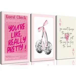 Pink  Wall Art Framed Set of 3 Trendy Coquette Disco Cherry Posters Retro Guest Check Canvas Prints Poker Painting Positive Quote Pictures Room Decor Aesthetic for Girls Bedroom Dorm 12x16in