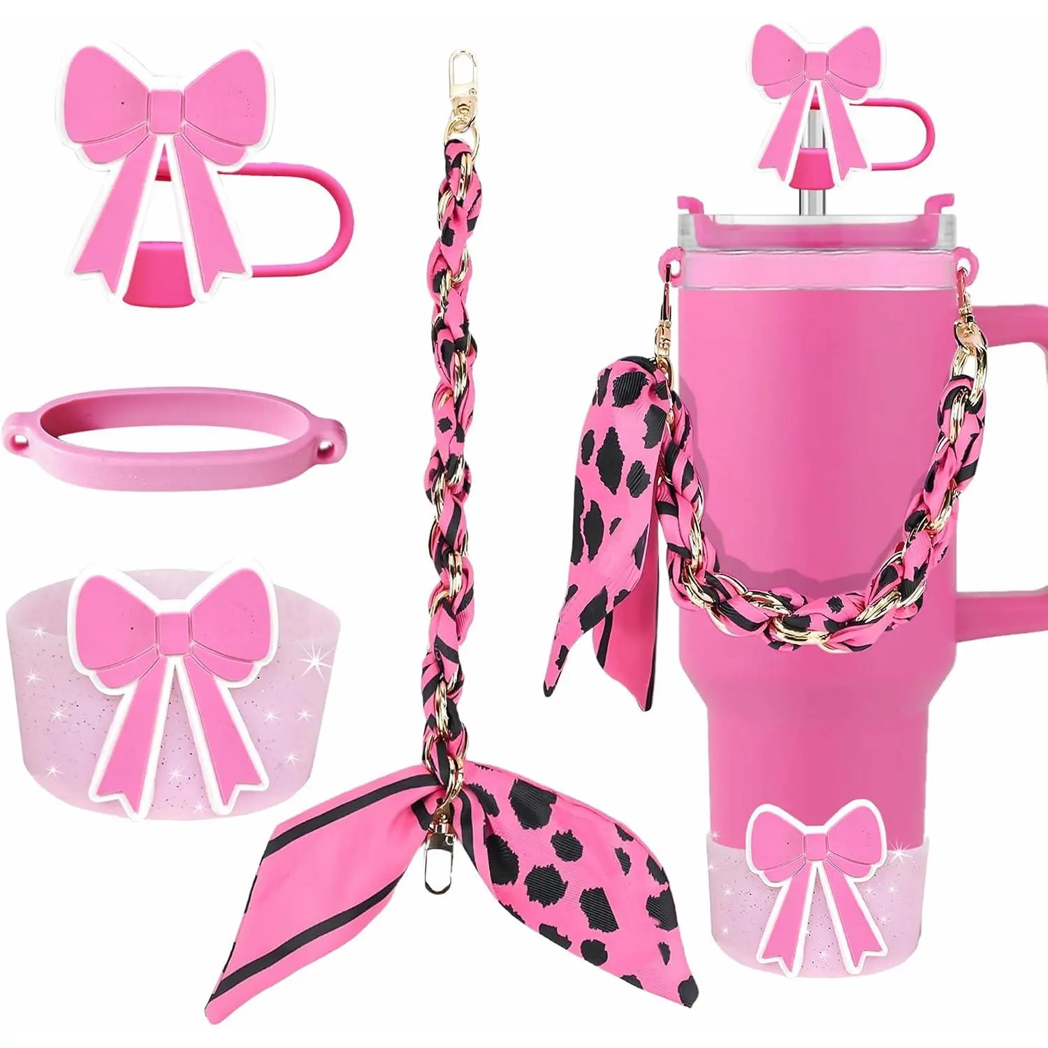 Stylish Synthetic Rose Red Bow Cup Tumbler Accessories Set - Boot, Straw Topper, Scarf Handle for 20/30/40oz Drinkware, Easy to Clean for Everyday Use, Party