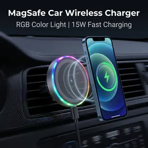 15W Qi Magnetic MagSafe Car Charger RGB Light Air Vent Mount Wireless Fast Charging Phone Holder Compatible with iPhone 17/16/15/14/13/12 Series，Fast charging while driving, traveling or commuting