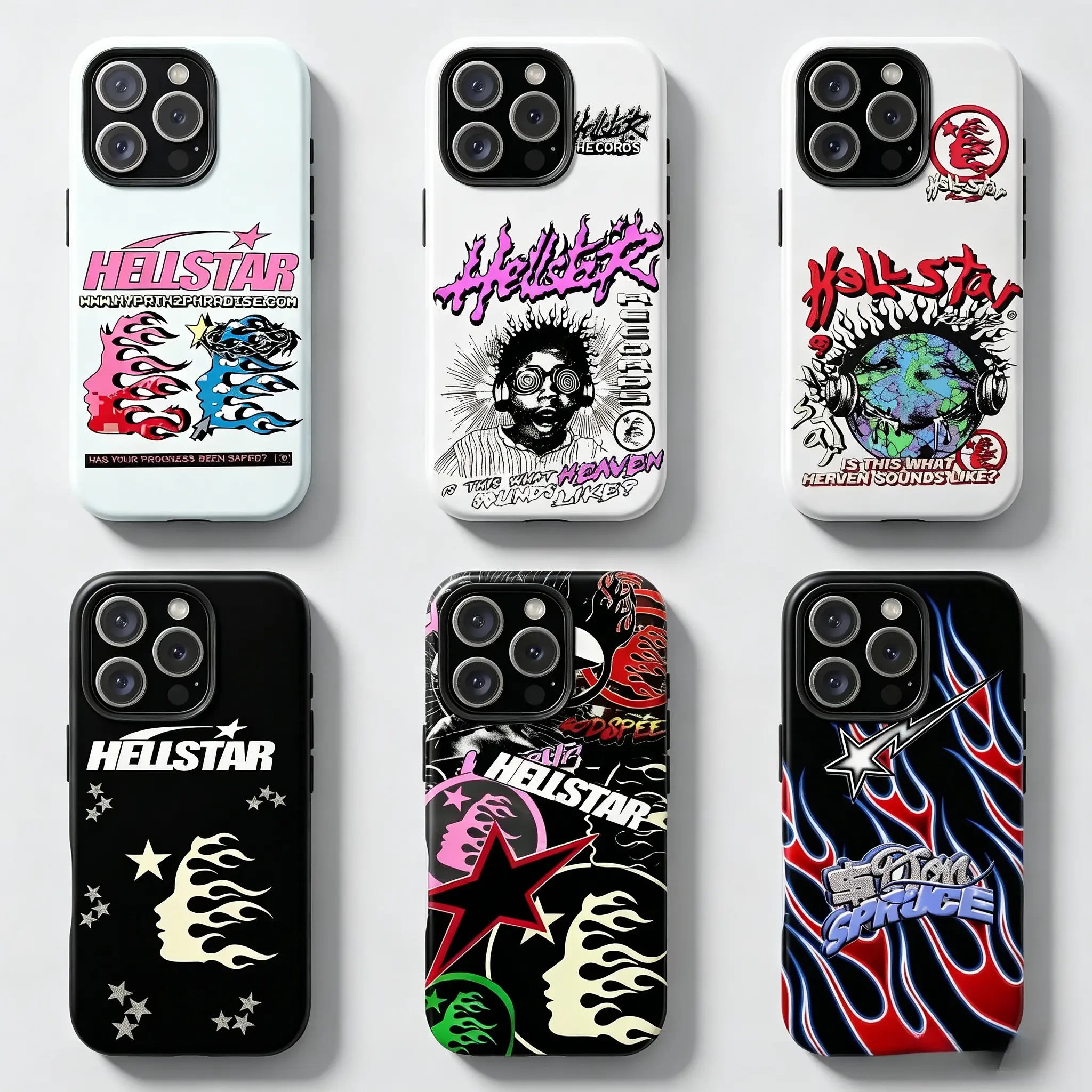 Hellstar Protective Shockproof Smartphone Cover,6 Different Edgy Hip‑Hop Retro Print Designs - Rugged Phone Accessory for iPhone 17 ProMax, 16, 15, 14, 13, 12, 11 Pro Max,Cool Street Fashion Shockproof Phone Shell For Men Women Teenagers
