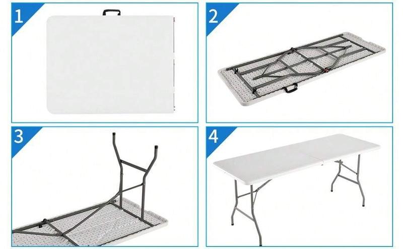 4FT/6FT Plastic Folding Table, Fold-in-Half table with handle, Adjustable Height Outdoor Camping Table for Party, Kitchen and Beach, White - Straight Legs