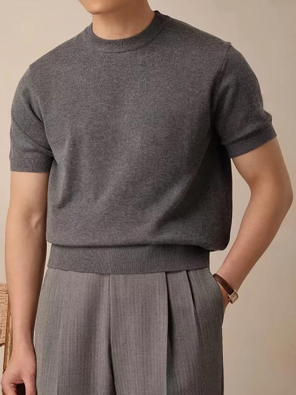 Kyn Apparel Men's summer solid-color round-neck short-sleeve knit shirt - Retro high-end home wear T-shirt Soft and comfortable breathable h