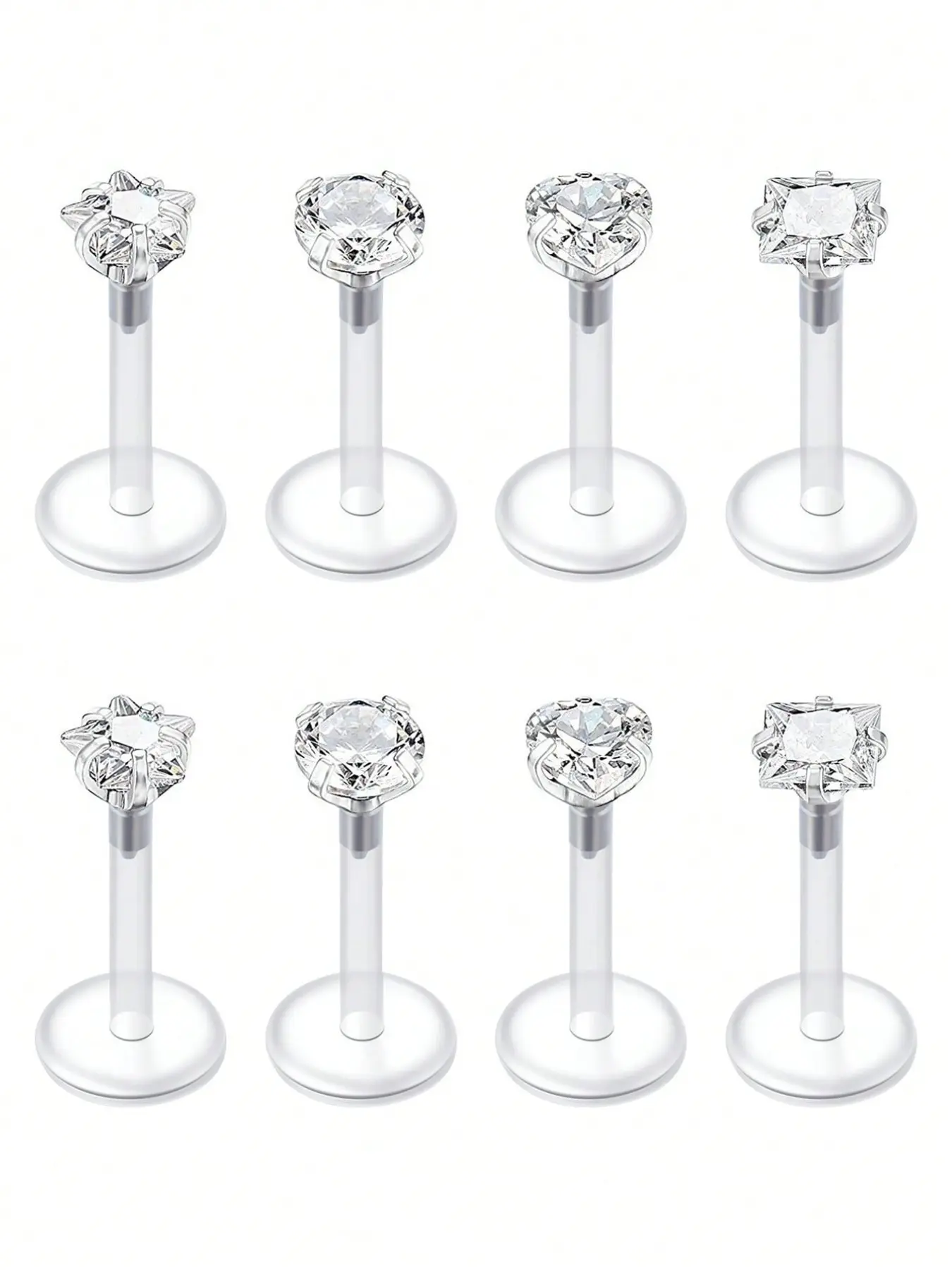 8pcs Classic Clear UV Plastic Barbell Set, 16g Lip Rings & Cartilage Earrings, Various Shapes, Transparent Studs, Daily Wear, 6mm-10mm
