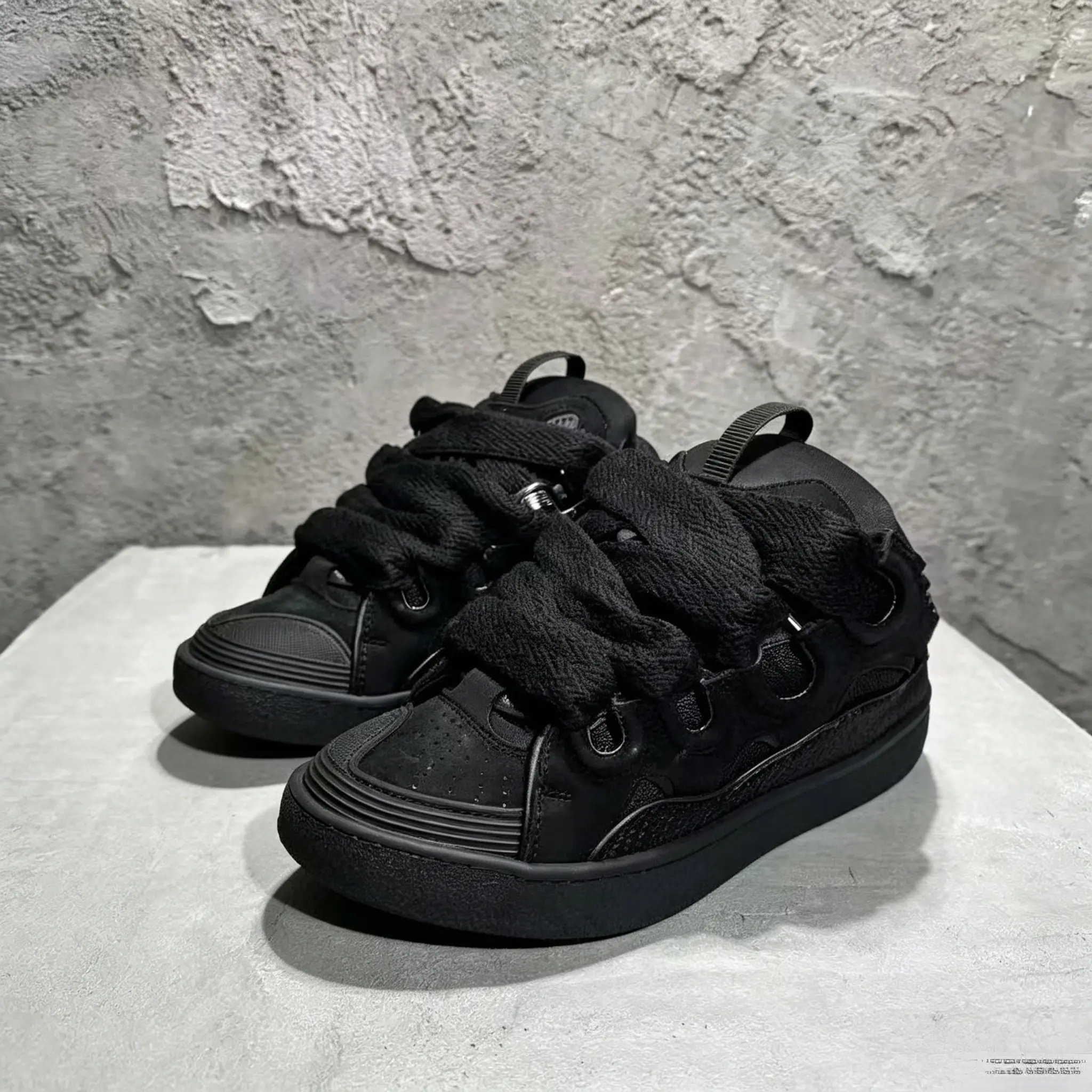 Women'S Goth Style Chunky Platform Shoes, Monochrome All Black Design, Textured Fuzzy Laces, Comfortable Cushioned Insole, 2025 Fashion Sneakers All Black Chunky Sneakers Fuzzy Wide Lace Platform Sneakers, Black Thick Lace Shoes