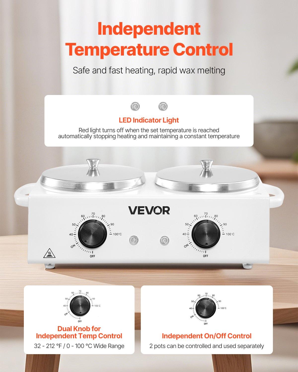 VEVOR Double Wax Warmer, 1200ML Professional Dual Wax Warmer for Hair Removal, 32 ℉   - 212 ℉   Adjustable Electric Waxing Heater Pot with 50PCS Waxing Sticks for Home Use, Beauty Salon, Spa