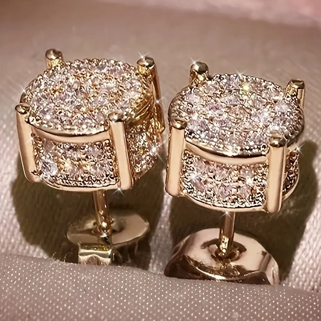 Women's Zirconia Stud Earrings - Gold-Tone Alloy Square Cluster Earrings with Crystals, Casual Daily Unisex Wear Round Shape Elegant Statement Jewelry for Party, Wedding & Gifts