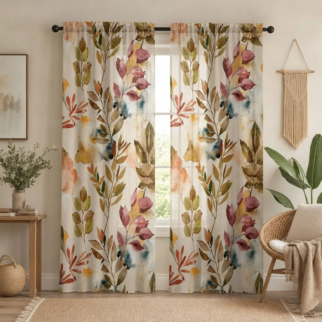 Watercolor Autumn Leaf Bedroom Curtains, Two-Piece Set, Insulated Semi-Sheer, thermal insulated curtains, Farmhouse Fall Curtain, Warm Neutral Leaf Print, Suitable for Living Room