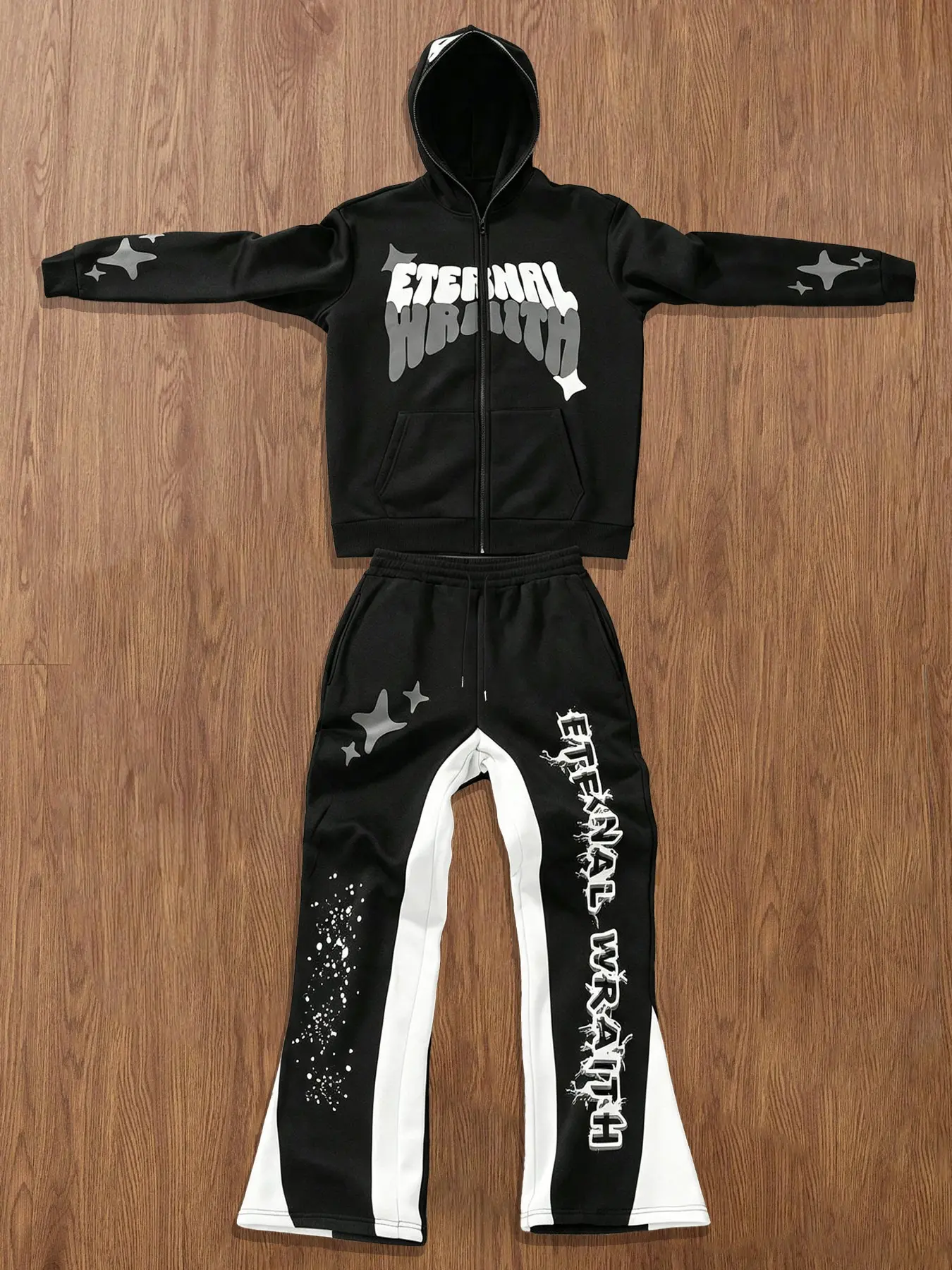 Star Print Zipper Hoodie Set, Colorblock Microflare Sweatpants, Casual Long Sleeve Fitted Pants, Plain Pattern, Unlined Bottoms