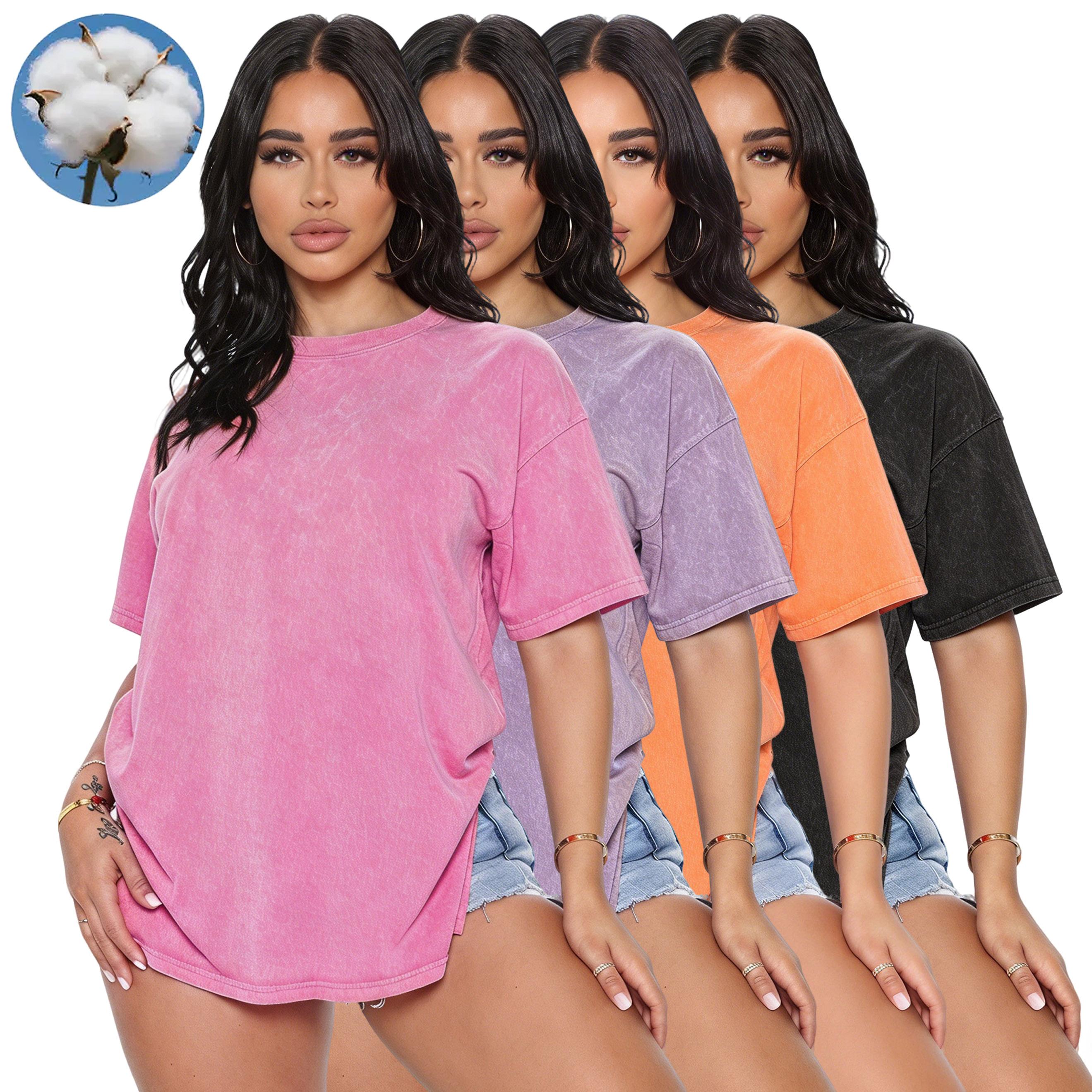 Women's 4-Pack Pure Cotton Crew Neck Short Sleeve Loose-Fit Plain Casual Machine-Washable Basic Tees, Distressed Wash Round Neck Cotton Shirt Tees, Shortsleeve Crewneck Streetwear Top Shirts for Women, Basic Tops