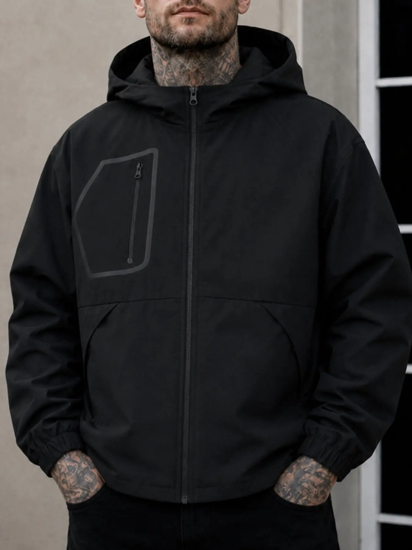 Men's Hooded Zipper Jacket, Asymmetrical Tape Chest Pocket, Elastic Sleeve Cuffs, Raglan Sleeves, Casual Outerwear