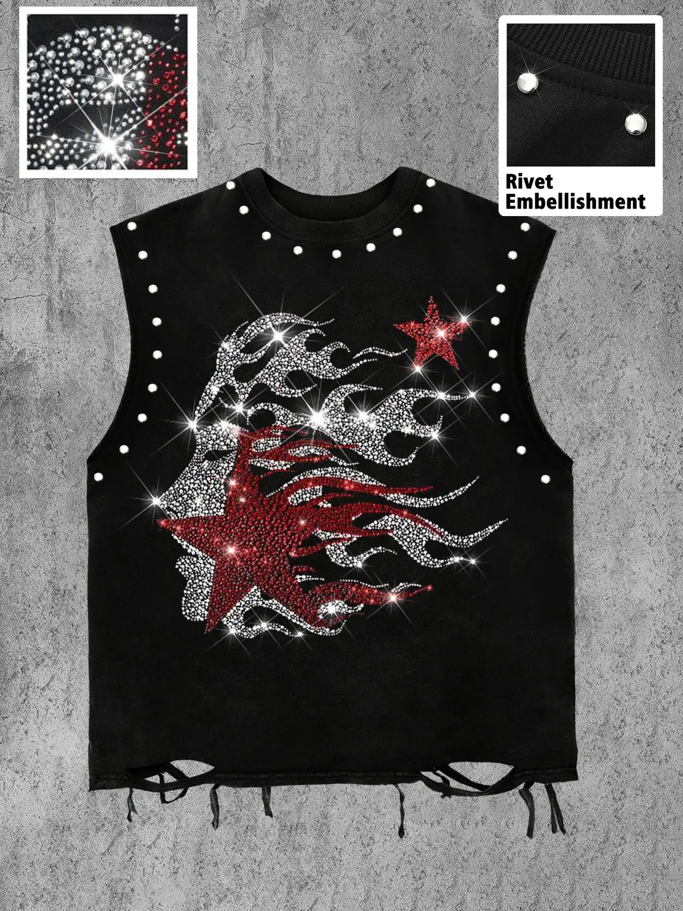 Men's Sleeveless Vest with Ripped Hem, Rivet Collar, Rhinestone Flame Star Print, Vintage Punk Hip-Hop Style, Loose Fit Casual Top