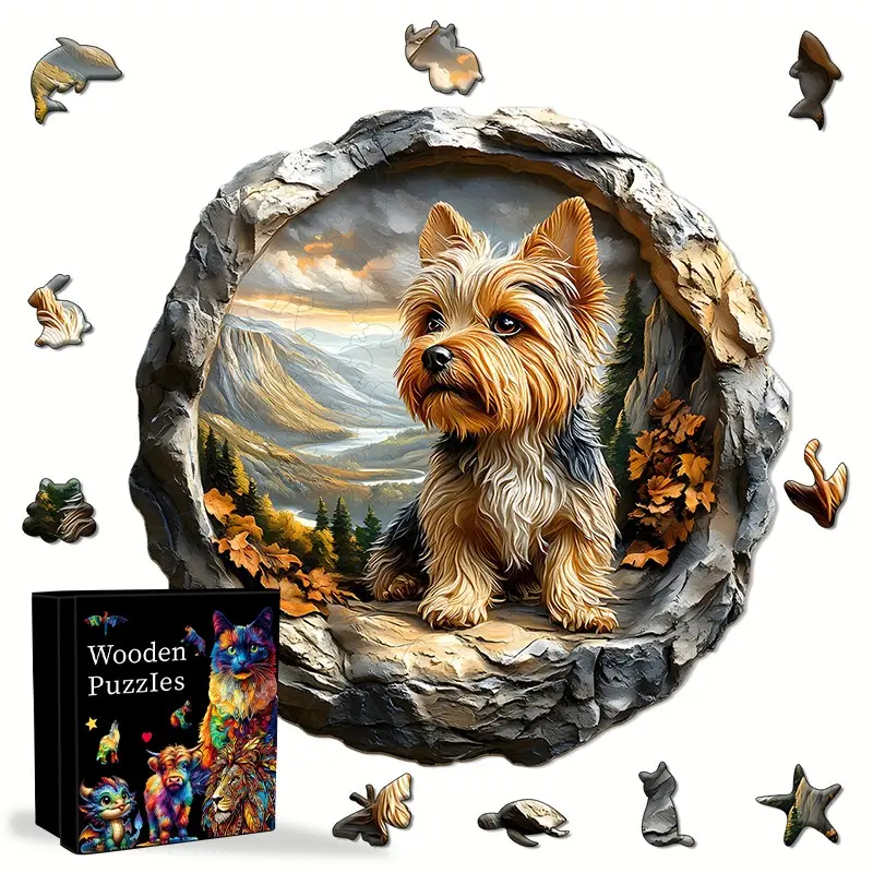 Adult Wooden Puzzle Game, Yorkshire Dog 3D Landscape Puzzle, 11.8x11.3 Inches Unique Irregular Shape, Challenging and Aesthetic Animal Puzzle