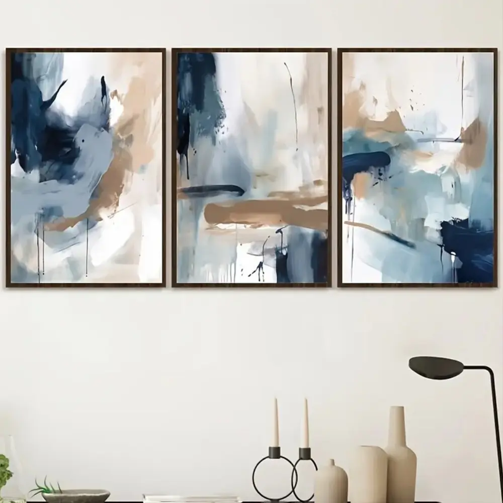 3 Pieces Abstract Navy Blue Geometric Ink Landscape Art, Minimalist Scenery Wall Mural, Modern Serene Home Art, Contemporary Gallery Decor, Dark Tone Painting, Wall Decor for Study and Office, Framed or Unframed.