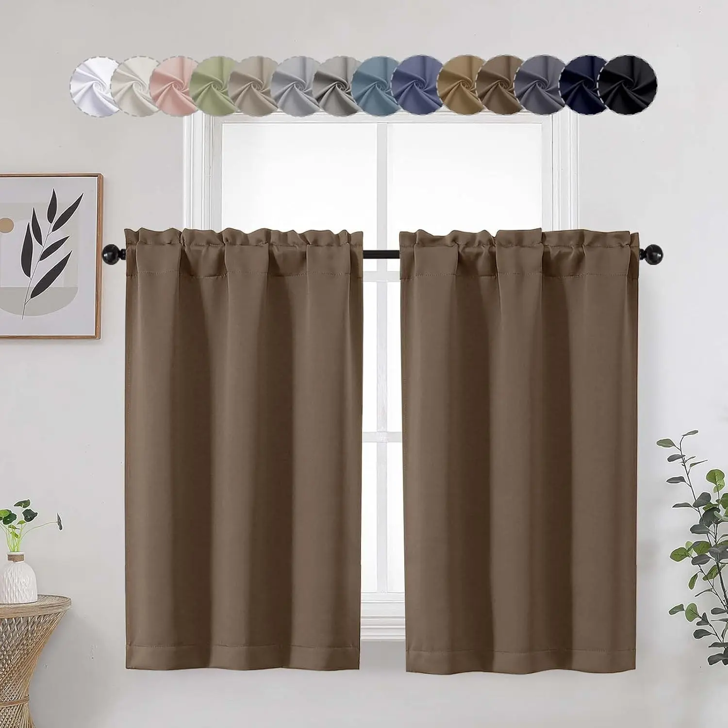 Brown Rod Pocket Blackout Curtains - 2 Curtain Panels (Each 30"w x 45"), Insulated Fabric Short Room Darkening Drapes for Bedroom, Soft Solid Modern Indoor Drapes