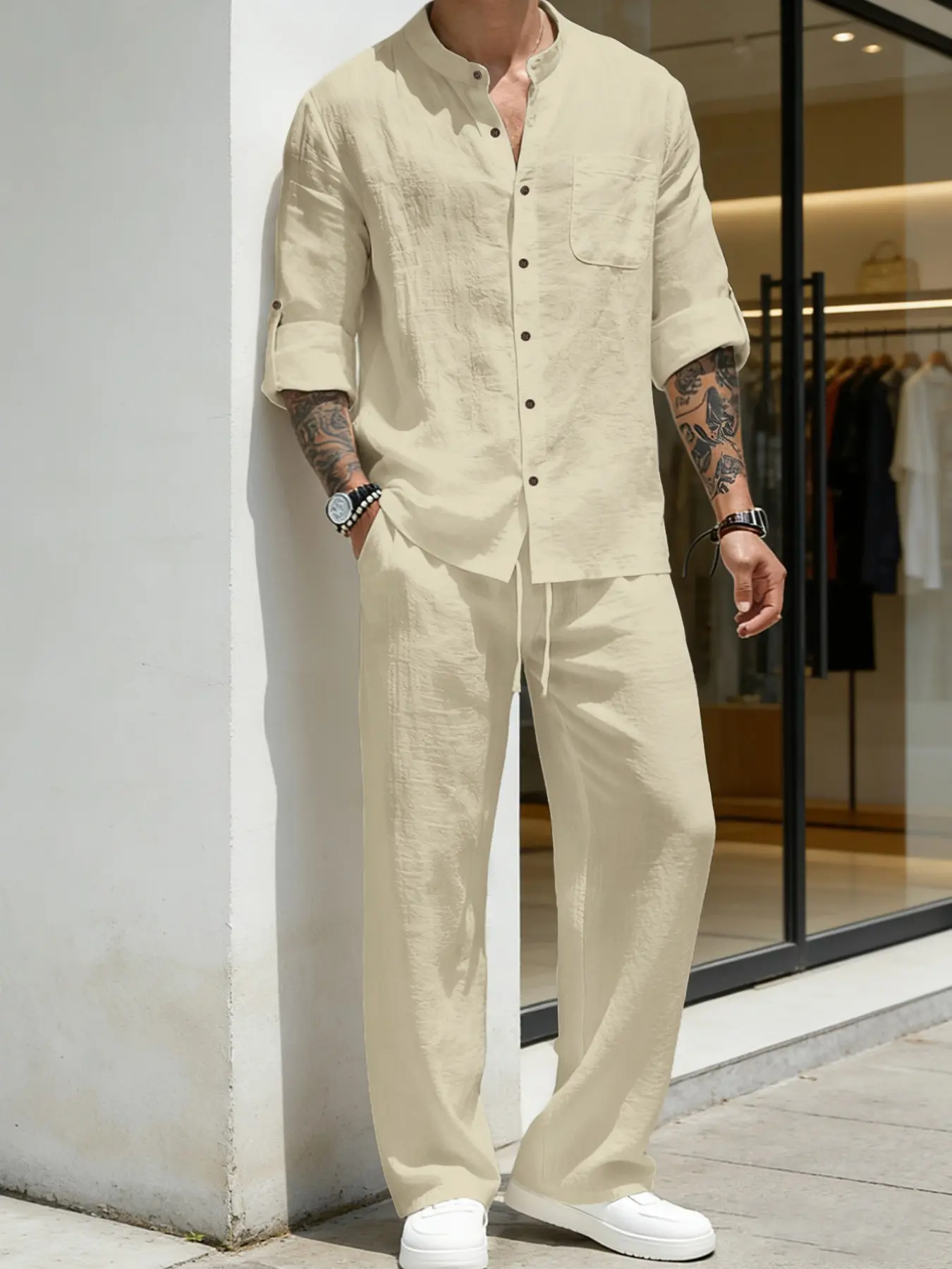 Men's Solid Stand Collar Linen Long Sleeve Set, Lightweight Breathable Loose Fit Daily Casual, Men's Comfortable Clothing, Outfit, Matching