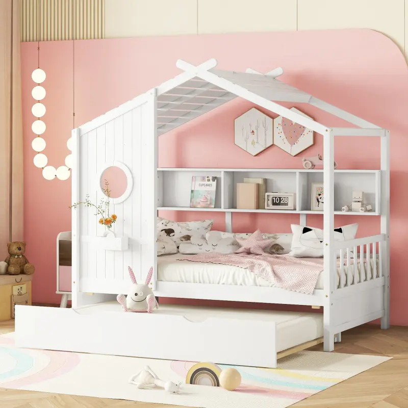 Twin House Bed Frame with Bookshelf and Round Window, Twin Size Daybed with Trundle and Roof, Wood Twin Size Platform Bed for  Kids Teens, Easy Assembly,White