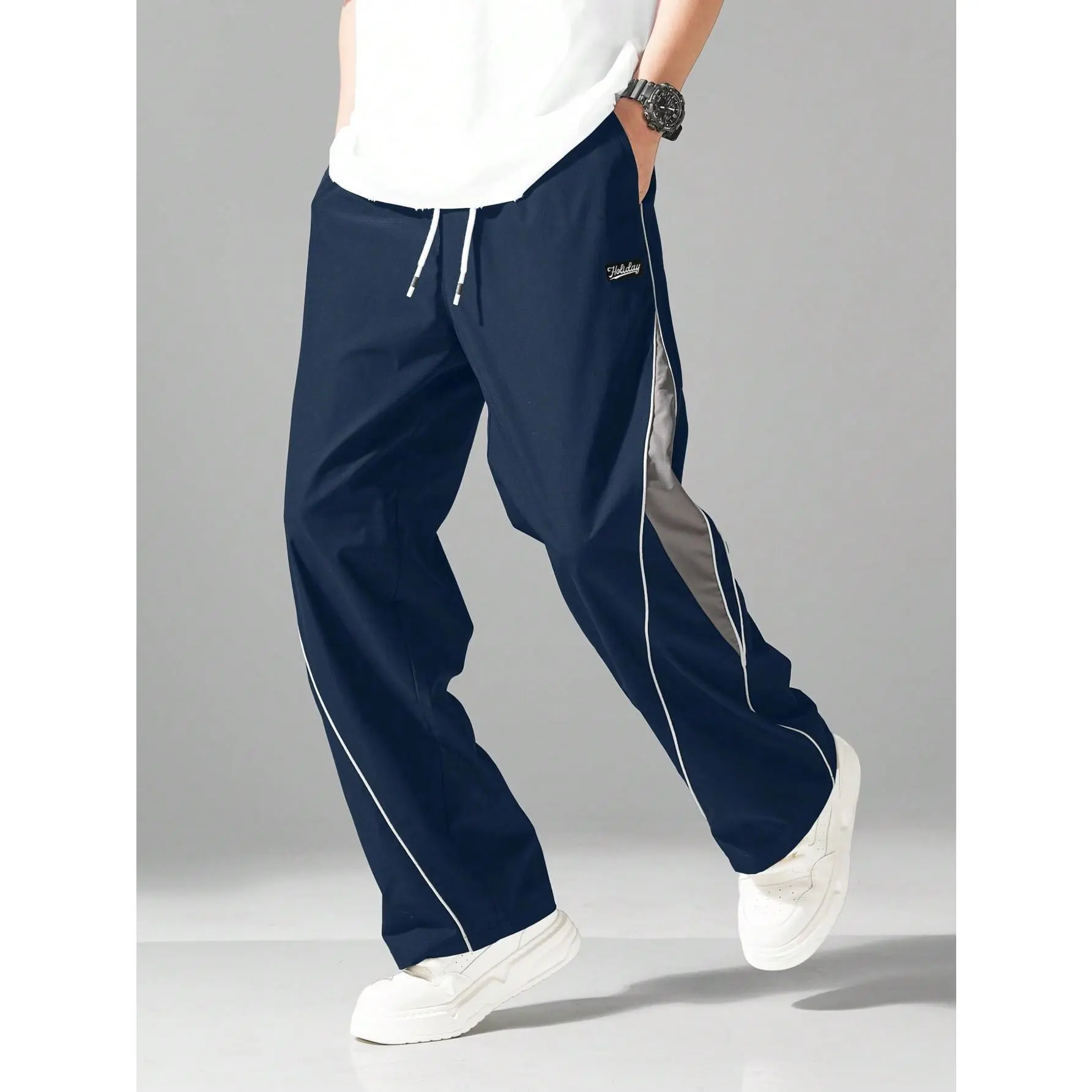 Men's Street Style Loose Fit Joggers, Drawstring Waist, Contrast Color Casual Pants, Suitable For Casual Wear, Bound Edge Trim Comfortable Elastic Waistband Drawstring Sports Style Contrast Color Fashion Casual Straight Leg Loose Pants. Gym Fashion