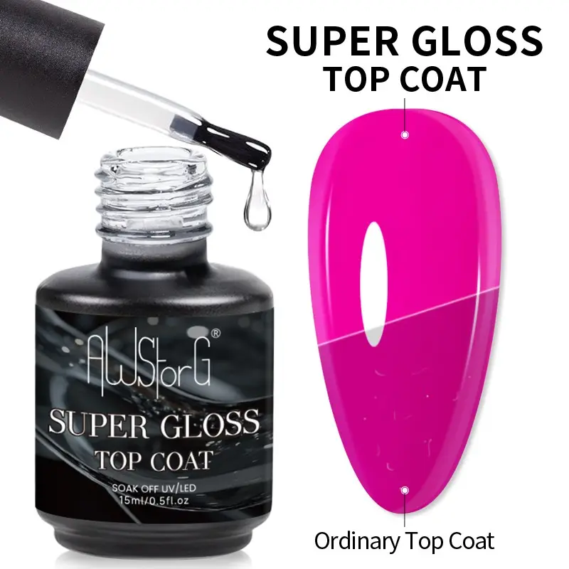 AWStorG 15ML Super Gloss Top Coat Soak Off UV LED No Wipe High Shine Mirror Finish Sealer Gel Nail Polish For Salon DIY Manicure