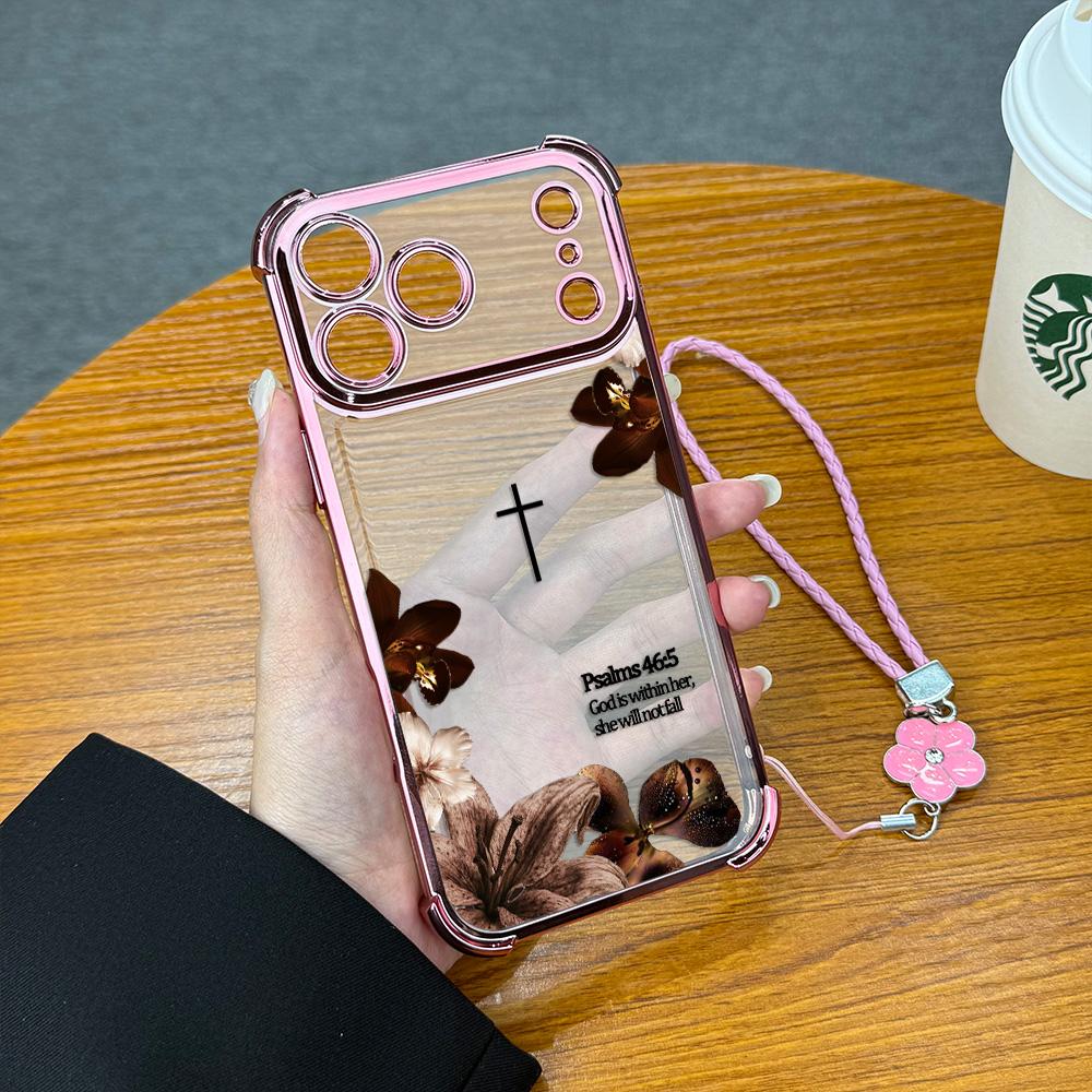 Premium Plating Edge Bible Verse Case With Hand Strap For iPhone Samsung Galaxy 17Pro Max Air 16 15Plus 14 13 12 11 XR XS S25 S24 S23 S22 Aesthetic Cross Floral Case For Religious Women Daily Decor.NN129