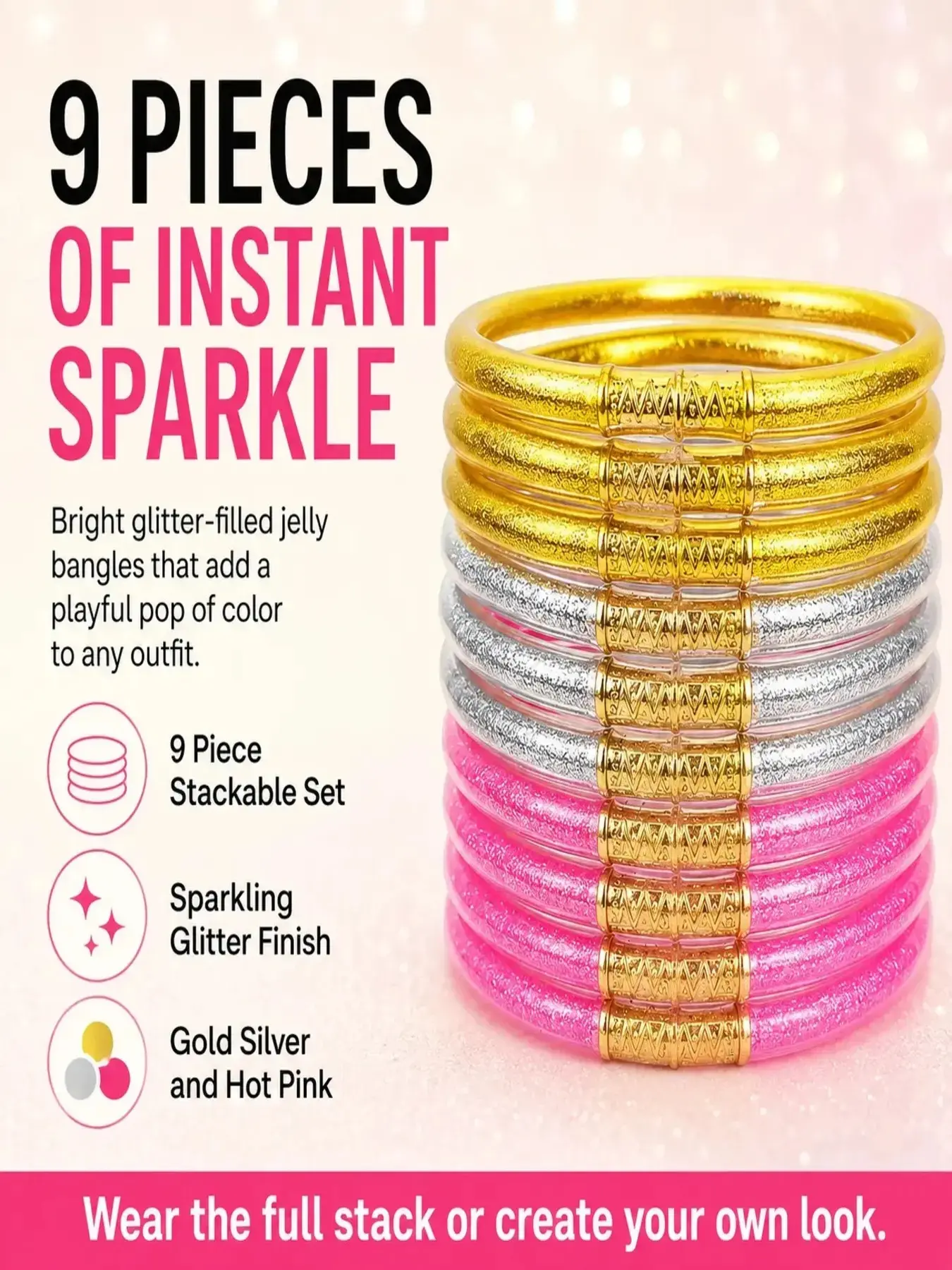 Women's 9-Piece Glitter Jelly Bracelet Set, Jewelry Bracelets, Flexible Stackable Bangles with Prayer Detail, Lightweight Daily & Summer Party Fashion Accessories, Stacked Bracelets