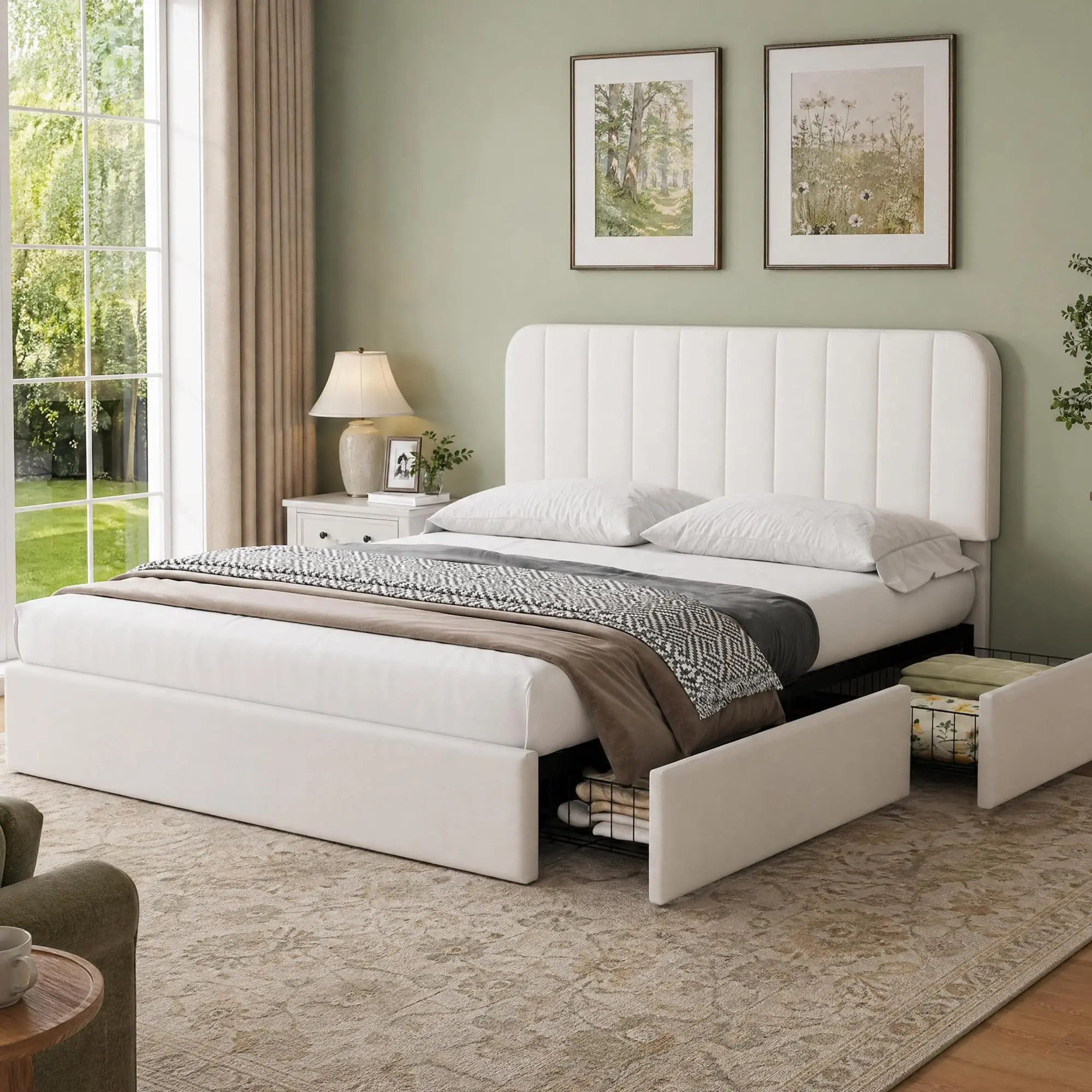 Velvet Upholstered Storage Bed Frame with 4 Storage Drawers and Adjustable Headboard, Queen & Full Sizes, Modern Beige Indoor Bedroom Furniture, Queen Size Bed Frame