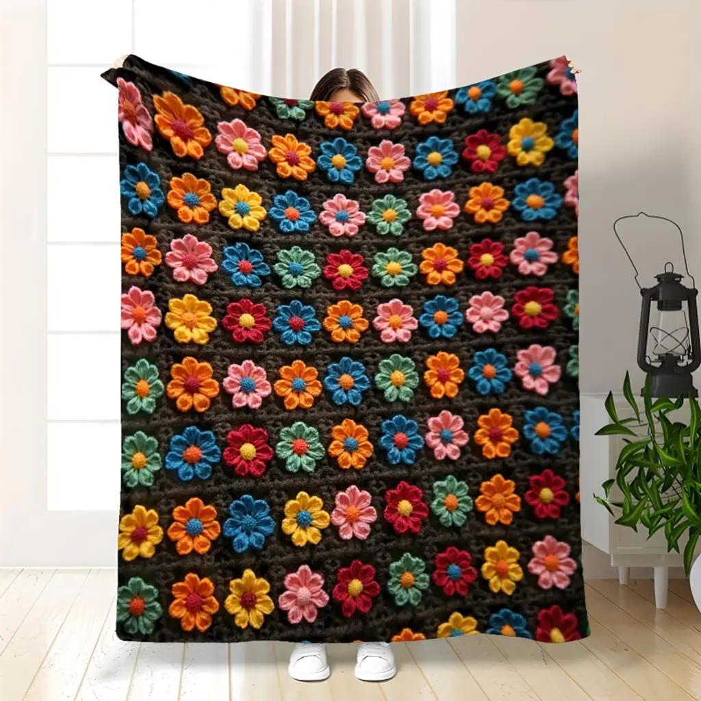 1Pc Vintage Floral Crochet Blanket - Ultra-Soft Flannel All-Season Throw For Sofa Bed Travel & Home Decor - Luxurious Comfort Gift With Vibrant Color Mix 280GSM