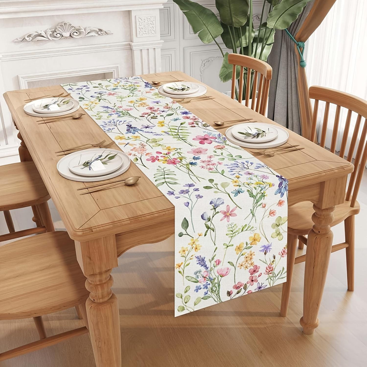 Floral Linen Table Runner - 100% Woven Linen, Flower Pattern, Rectangle, Available in Multiple Sizes for Dining Room, Spring Summer Easter Table Decor