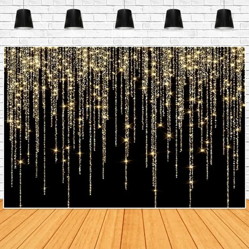 Black Gold Birthday Backdrop, Luxury Banner Featuring Golden Dotted Halo Light Effect And Elegant Party Theme Design, Perfect For Birthday Celebrations, Prom Events, Christmas Parties, New Year Decorations, Photography Backgrounds And Studio Props
