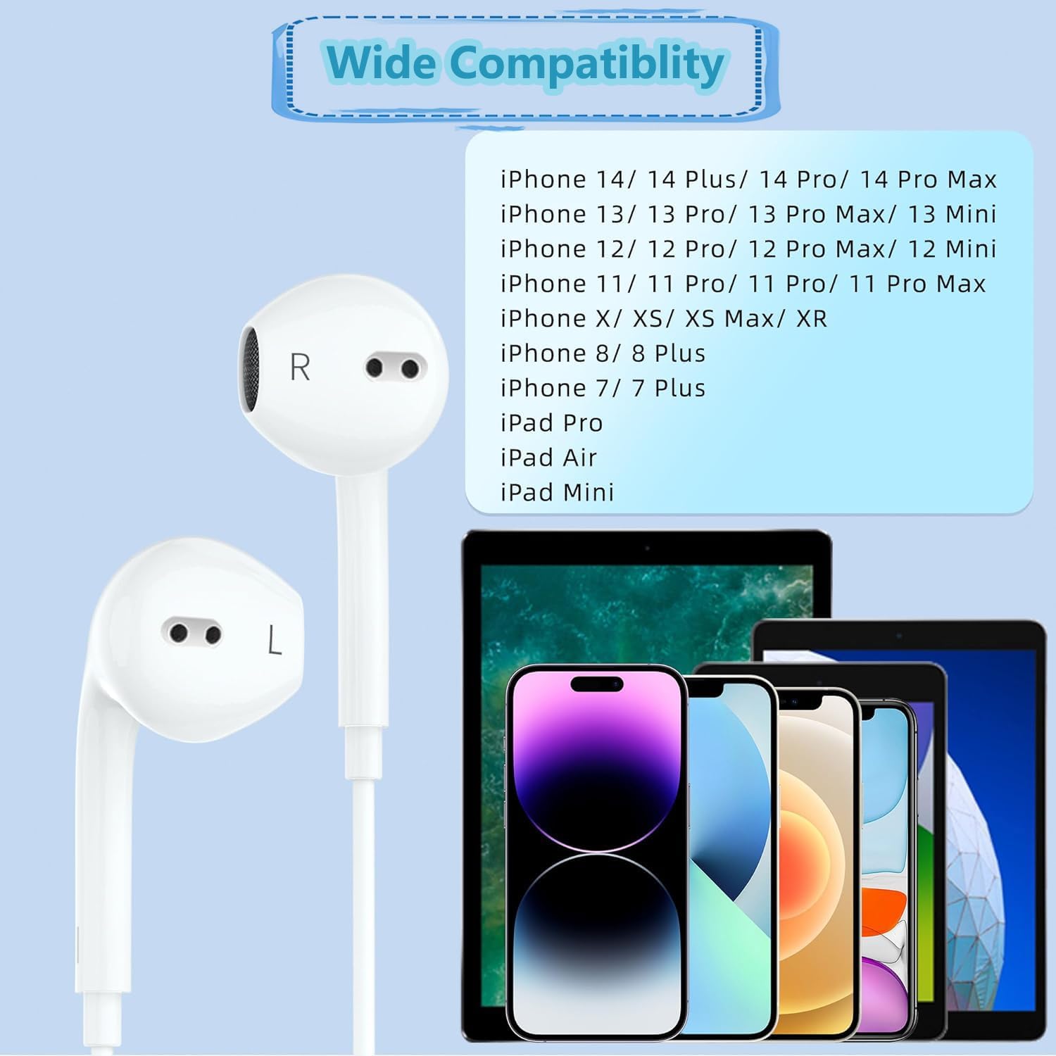 Wired Earphones for iPhone Earbuds with Lightning Connector Plug&Play Built-in Microphone & Noise Isolating Headset for Music/Calls/Gaming Compatible with iPhone 14/13/12/11/XR/XS/X/8/SE/Pro/Pro Max Ear Buds Corded ，Durable White Corded Ear Buds
